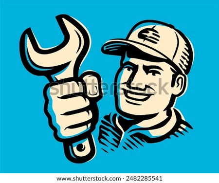 Service work, repairs emblem. Male mechanic character holding a wrench tool. Retro vector illustration