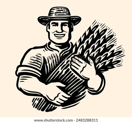 Farmer holding a sheaf of wheat. Agriculture vector illustration. Farm organic food emblem or logo