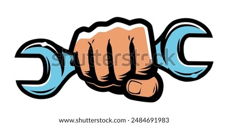 Repair shop, service emblem or symbol. Tool spanner in fist. Working hand with wrench. Vector illustration