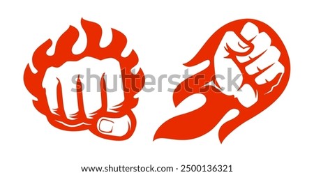 Punching fist in flames of fire emblem. Fighting spirit sport logo or icon. Hand clenched power strength symbol