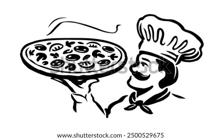 Chef cook with pizza tray in hand, emblem. Restaurant or pizzeria logo. Black and white drawing illustration