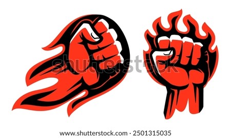 Flaming red fiery fist emblem vector illustration. Clenched fist in burning fire badge or logo. Symbol strength, power