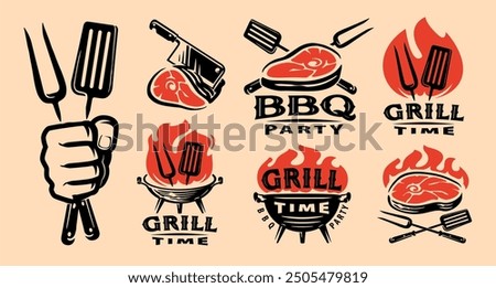 Barbecue grill labels, badges and design elements for restaurant menu. Bbq emblem set vector illustration