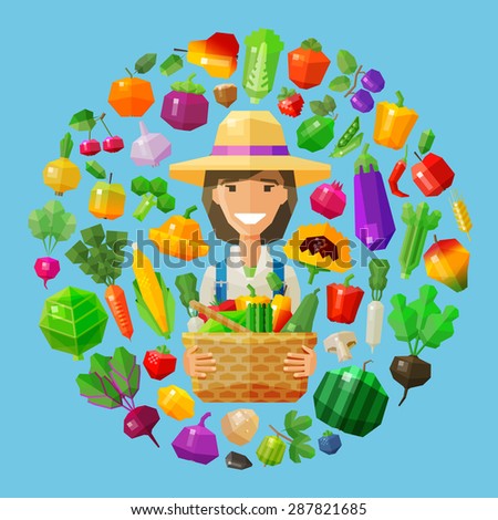 fresh food. fruits and vegetables icons set. farm girl with a basket in her hands