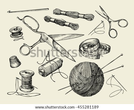Sewing notions. Hand drawn thread, needle, scissors, ball of yarn, knitting needles, crochet. Vector illustration
