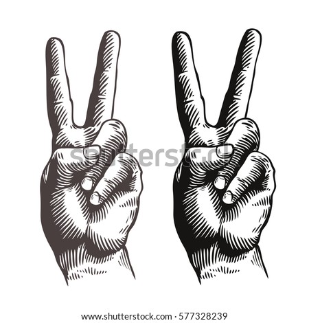 Hand gesture peace sign, symbol. Sketch vector illustration