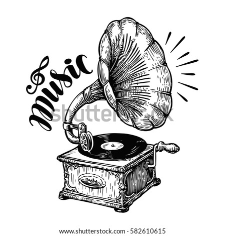 Hand drawn gramophone, sketch. Music, nostalgia symbol. Vintage vector illustration