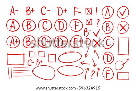 Hand drawn grade results, check marks set of icons. School, education, business symbol. Exam, examination, test vector illustration