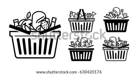 Grocery store icon. Shopping cart or basket full with food and drinks. Vector illustration