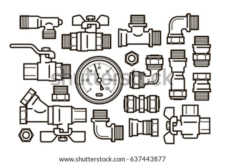 Sanitary engineering, plumbing set icons. Water supply, heating concept. Vector illustration