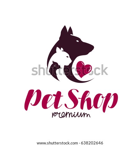 Pet shop logo. Animal shelter, dog, cat, parrot icon or label. Lettering vector illustration