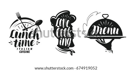 Cooking, cuisine logo. Set icons and symbols for design menu restaurant or cafe. Lettering, calligraphy vector illustration