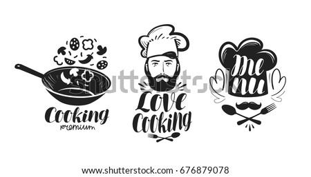 Cooking, cuisine logo. Label set for design menu restaurant or cafe. Handwritten lettering, calligraphy vector illustration