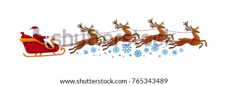 Santa Claus rides in sleigh with reindeer. Christmas, xmas, new year concept. Cartoon vector illustration