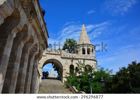 BUDAPEST, HUNGARY - 27 May 2015 : The Fisherman\'s Bastion, one of the famous destinations in Hungary. It is located in the area of Hungary Castle which also near the Matthias Church.
