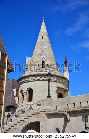 BUDAPEST, HUNGARY - 27 May 2015 : The Fisherman\'s Bastion, one of the famous destinations in Hungary. It is located in the area of Hungary Castle which also near the Matthias Church.