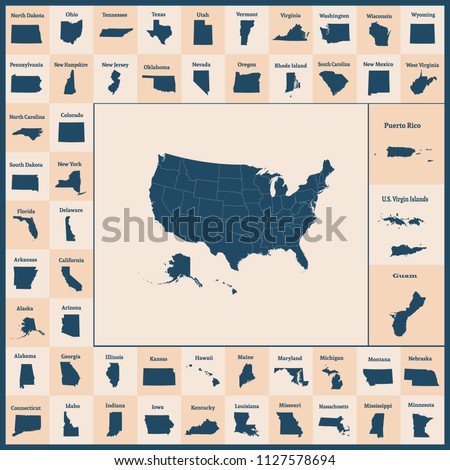 Outline map of the United States of America. 50 States of the USA. US map with state borders. Silhouettes of the USA and Guam, Puerto Rico, US Virgin Islands. Vector illustration.  Zdjęcia stock © 