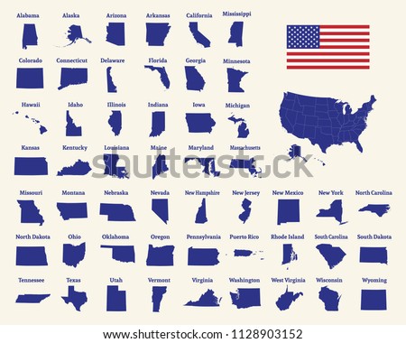 Outline map of the United States of America. 50 States of the USA. US map with state borders. Silhouette of the USA and flag. Vector illustration. 