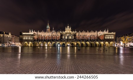 Krakow, Poland, panoramic view of Sukiennice, Cloth-hall, medieval shopping mall in the heart of the old city.