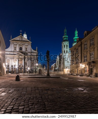 Krakow, Poland, Saint Mary Magdalene square with baroque church of Saints Petr, Paul and romanesque church of Saint Andrew and neoclassical houses