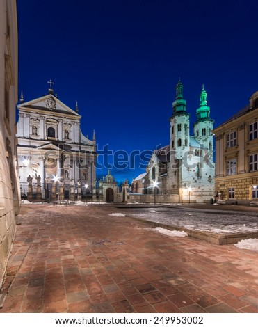 Krakow, Poland, view of Saint Mary Magdalene square with catholic churches of Saints Peter and Paul and Saint Andrew