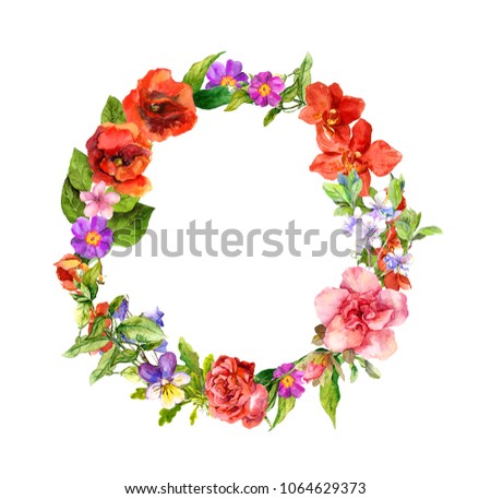Floral wreath with meadow flowers, wild summer grass. Watercolor round border Zdjęcia stock © 
