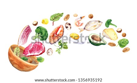 Keto - hand drawn watercolor illustration of ketogenic diet. Meat, salmon fish, avocado, chicken, cheese, broccoli, egg. Low carb dieting, meal protein. Organic food fly in air from bowl
