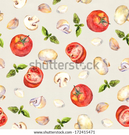 Vintage repeated background with cooking vegetables and mushrooms. Retro style on old paper