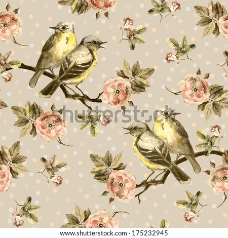 Repeated seamless swatch in faded sepia color  with vintage birds and roses flowers in pea spots