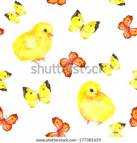 Seamless pattern with chicken and butterflies. Watercolor hand painted drawing