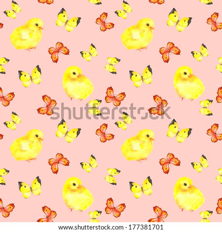 Seamless pink template with chicken and butterflies. Watercolor hand painted drawing for girl