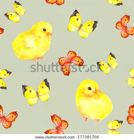 Seamless pattern with yellow chicken and butterflies. Watercolor hand drawn painting on linen texture