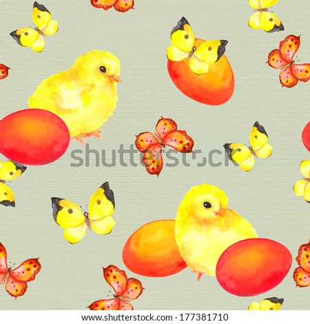Seamless easter swatch with small chickens, butterflies and colored eggs. Watercolor hand drawn painting on linen texture