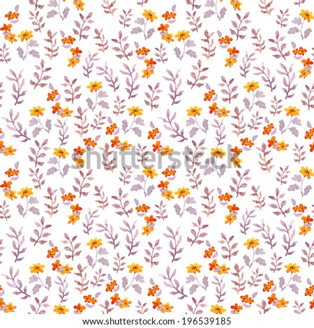 Seamless childish floral pattern. Cute flowers and watercolor leaves on white background. Aquarelle