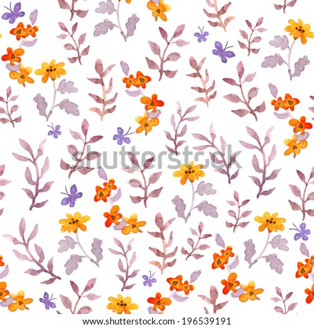 Seamless naive floral background. Cute flowers, leaves and butterflies. Watercolour
