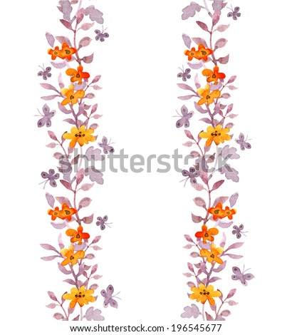Seamless floral edging border. Cute flowers, leaves and naive butterflies  on white background. Aquarelle
