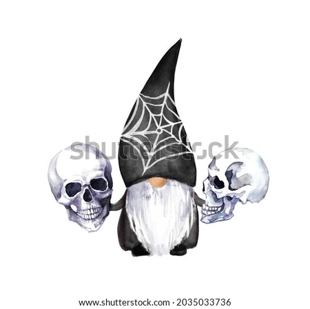 Scary Halloween gnome in black color with human skulls. Spooky watercolor creepy spooky design for Day of Death, Dead day