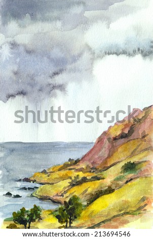 Watercolor landscape with sea and mountains. Rain clouds