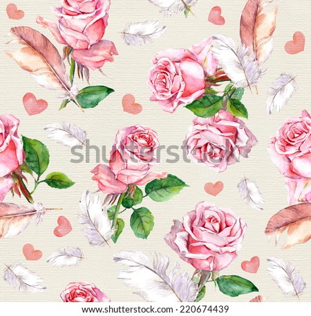 Rose flowers, feathers and hearts. Repeating retro floral pattern. Vintage watercolor