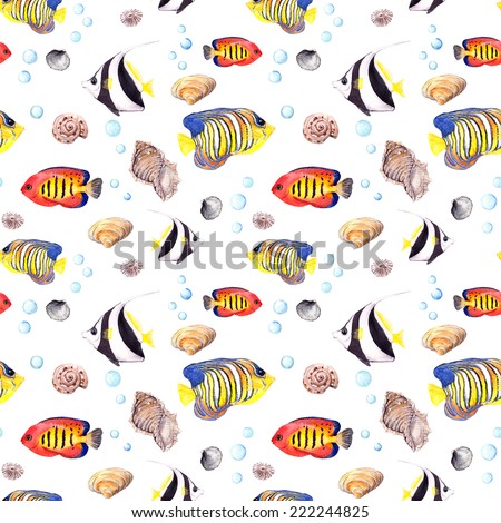 Exotic fish (tropical fish) and sea shells. Repeating seamless pattern. Watercolor