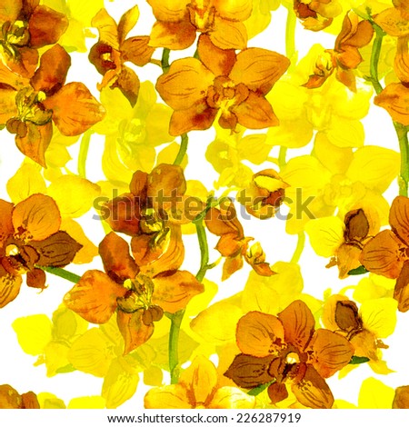 Tropical orchid flowers - exotic floral pattern. Repeating background. Watercolor.