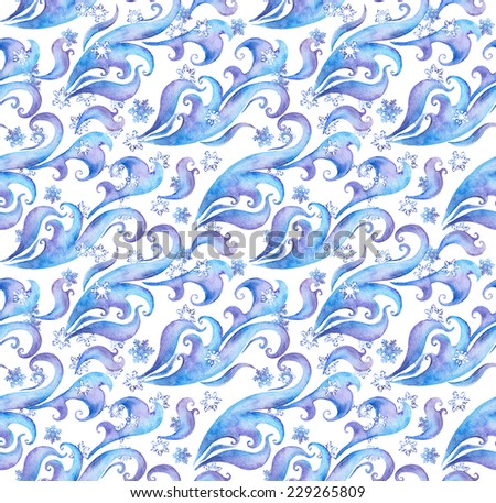Seamless winter pattern with snow flakes and winter ornament. Watercolour decorative ornament with scrolls and curves