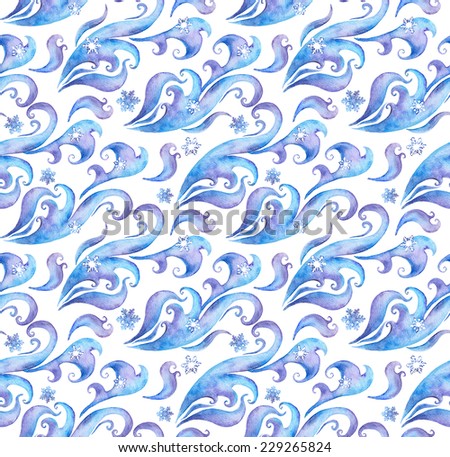 Seamless winter background with snow flakes and winter ornament. Water colour decorative design with scrolls and curves