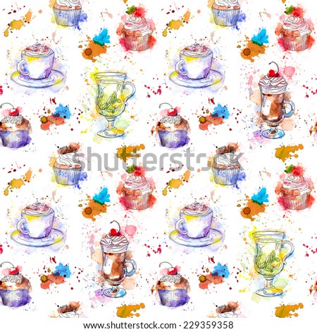 Tea time party repeating pattern. Cupcake cakes, tea, coffee cup. Water color