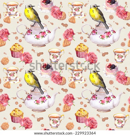 Teapot, tea cup, cakes, rose flowers and bird. Repeating tea party background. Watercolour