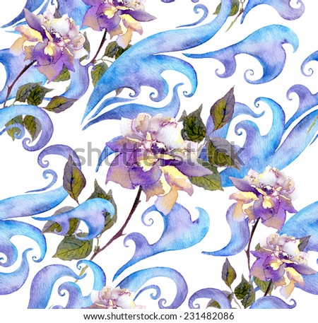 Repeating winter watercolor floral print pattern. Watercolor design with rose flowers, scrolls and curves