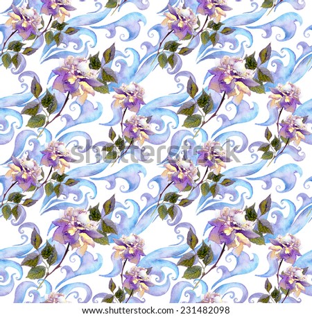 Repeating winter watercolor floral wallpaper. Watercolor design with rose flowers, scrolls and curves