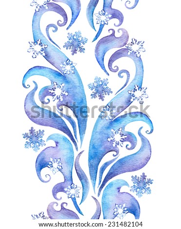 Repeating winter border frame with snow flakes. Water color decorative strip with scrolls, curves and snow