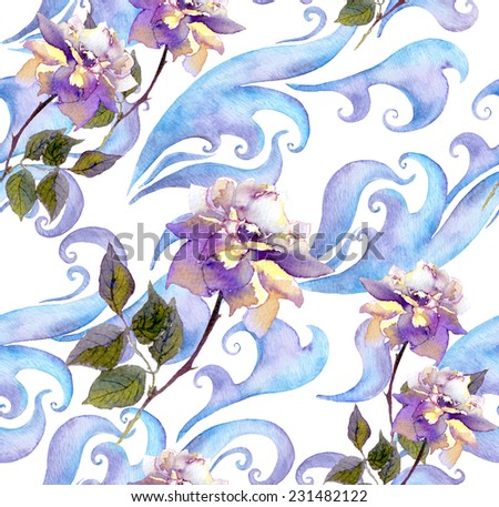 Repeating winter watercolor floral pattern. Watercolour design with rose flowers, scrolls and curves