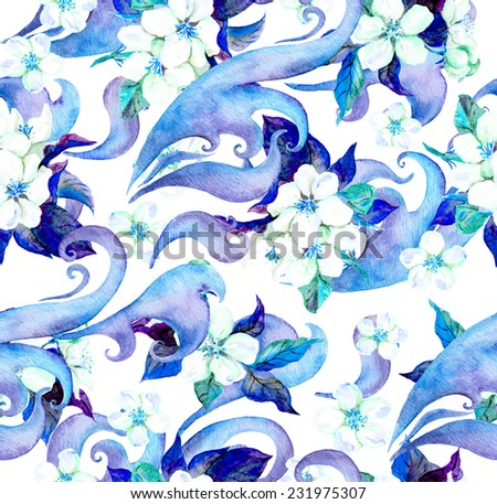 Flowers and ornate ornament. Watercolor repeating floral print pattern.